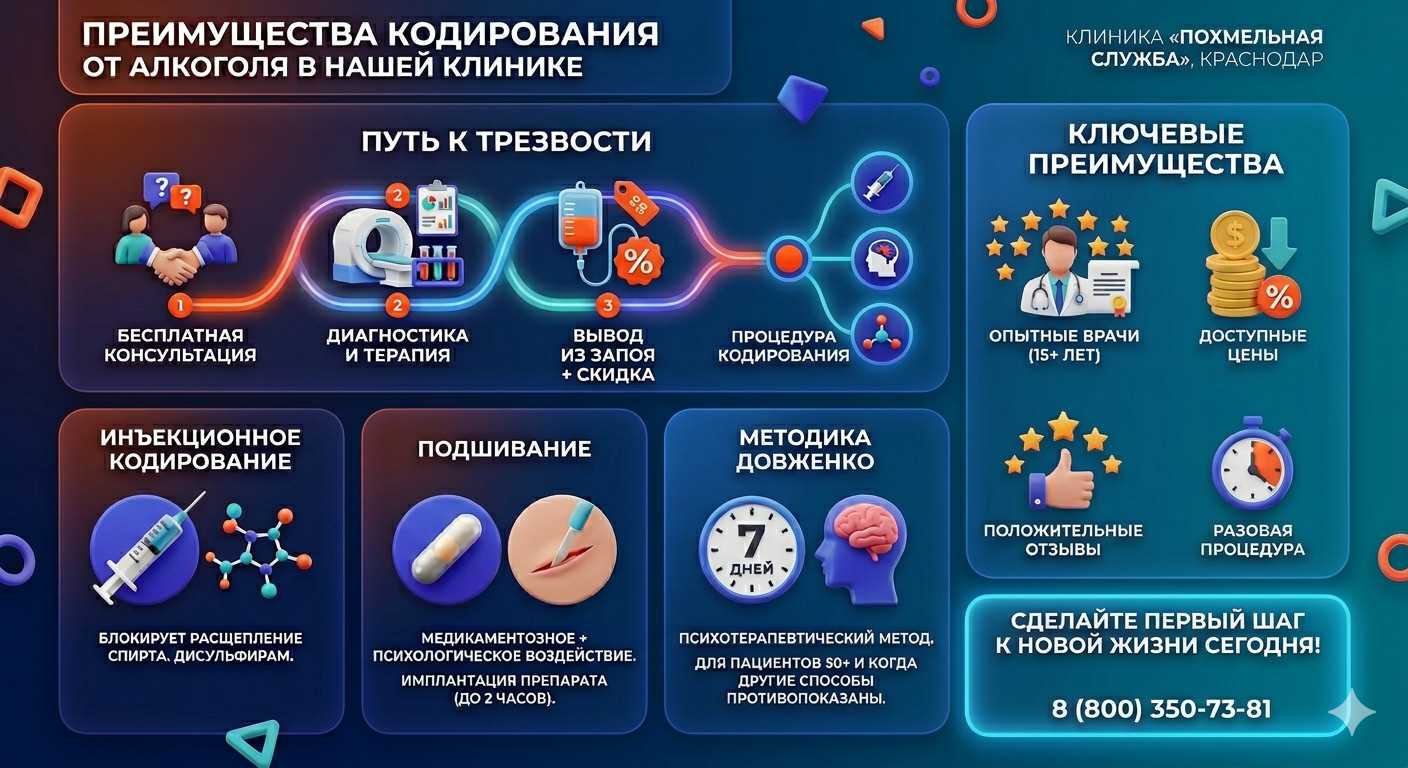 Инфографика о методах кодирования от алкоголя в Романово: инъекции, подшивание, метод Довженко. Преимущества клиники и этапы лечения.